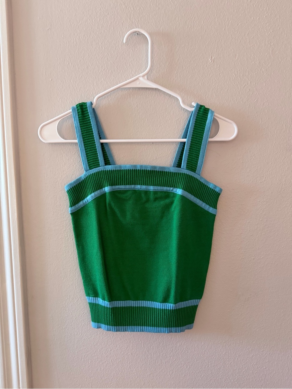 Green Knit Square-Neck Tank with Light Blue Trim